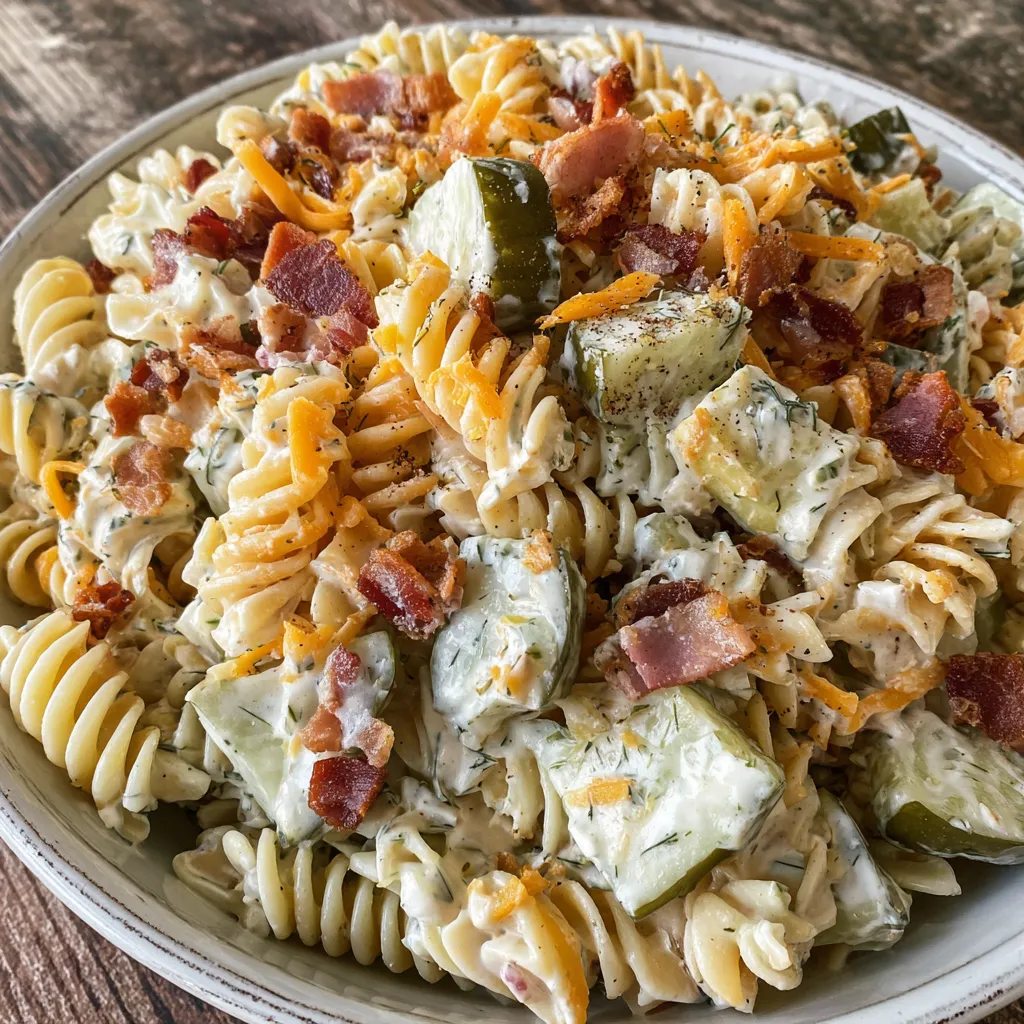 A bowl of pasta salad with bacon and pickles.
