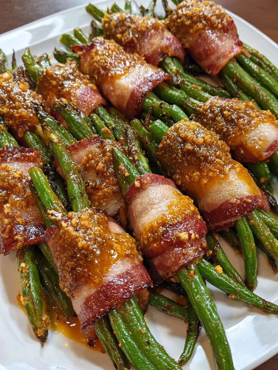 Green bean bundles with bacon wrapped around them.