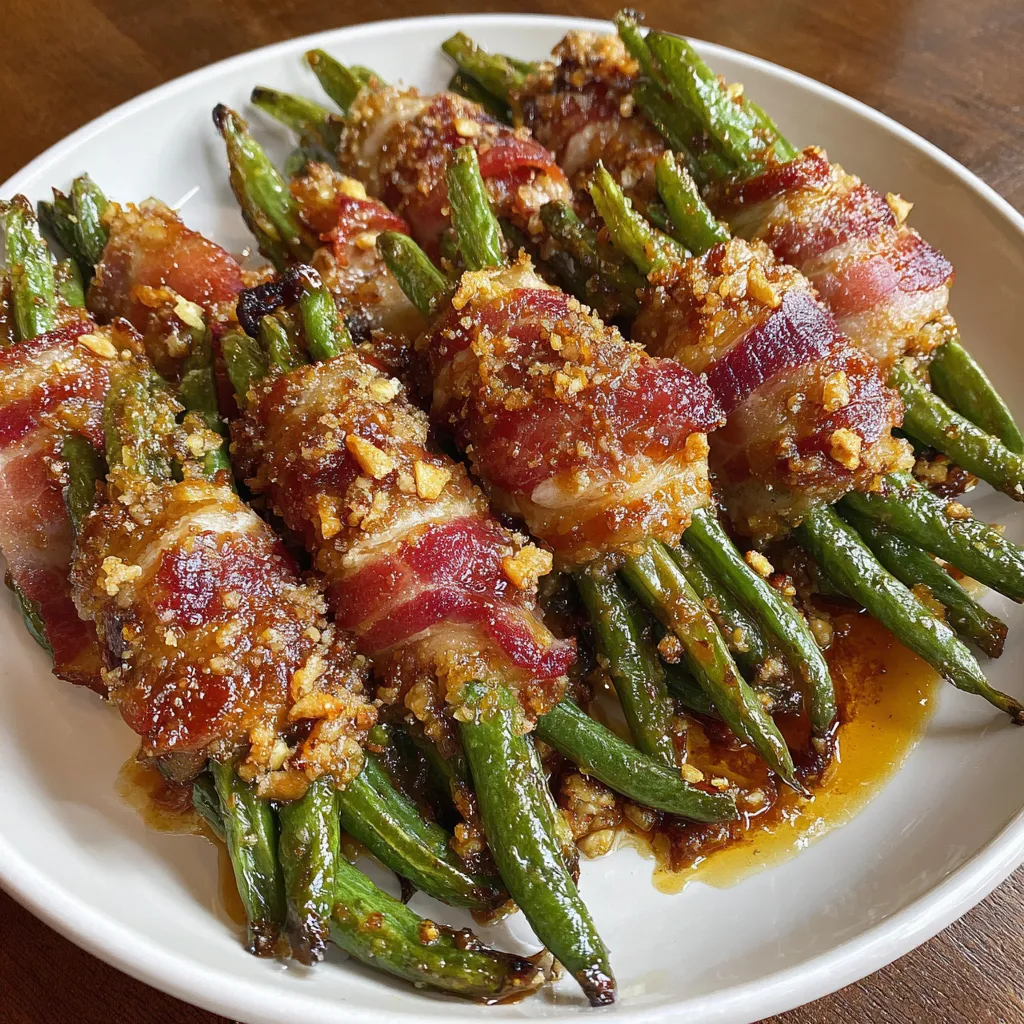 Green bean bundles on a plate.
