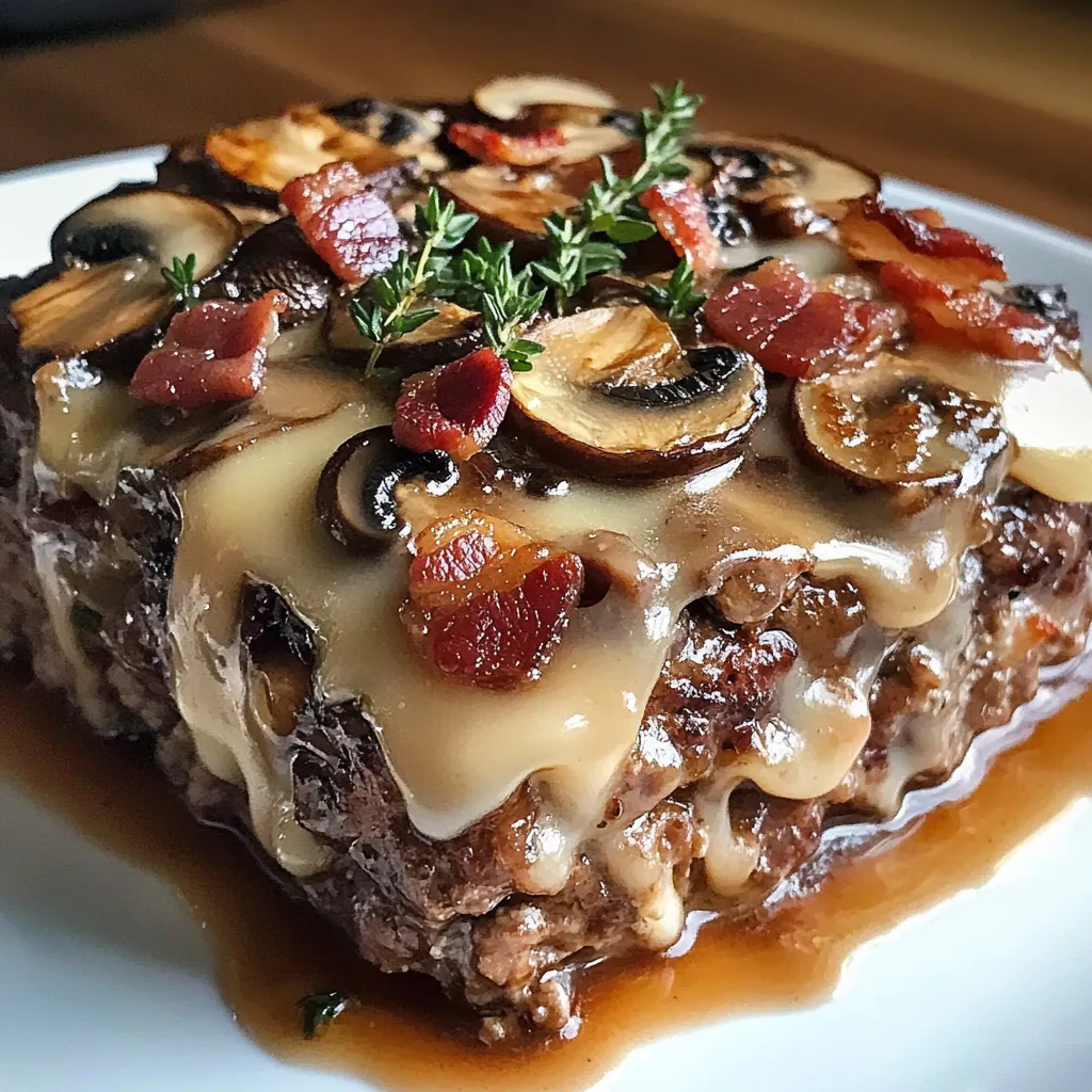 A delicious looking casserole with mushrooms and bacon.