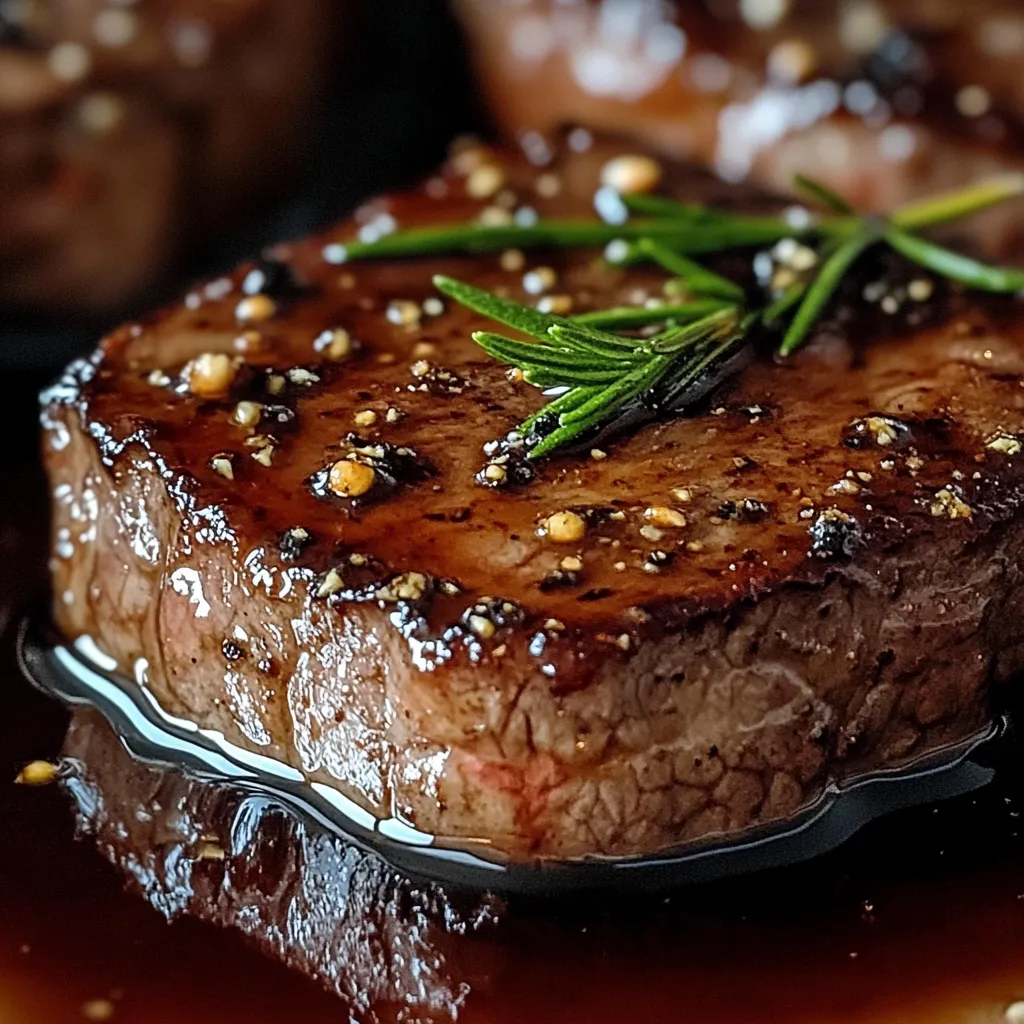 A piece of meat with a sprig of rosemary on top.