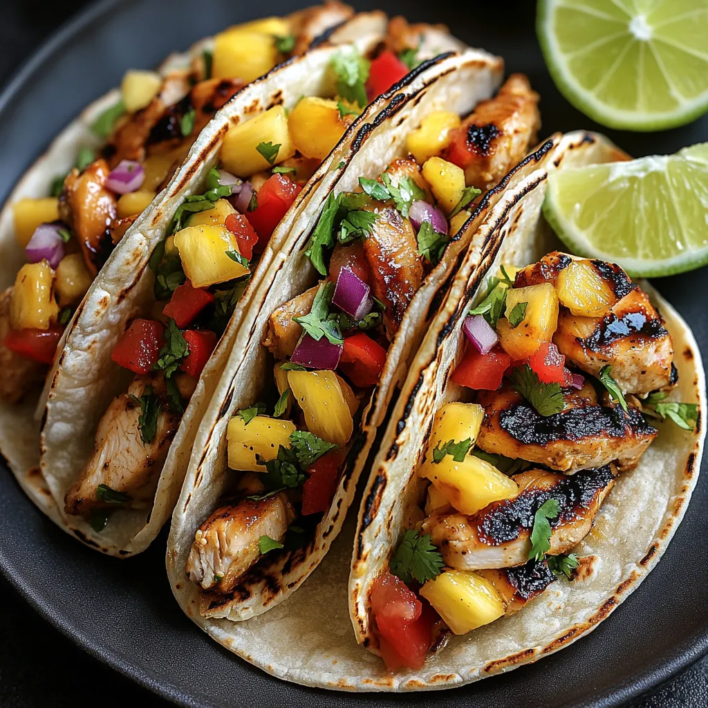 Two grilled chicken tacos with pineapple and tomatoes.