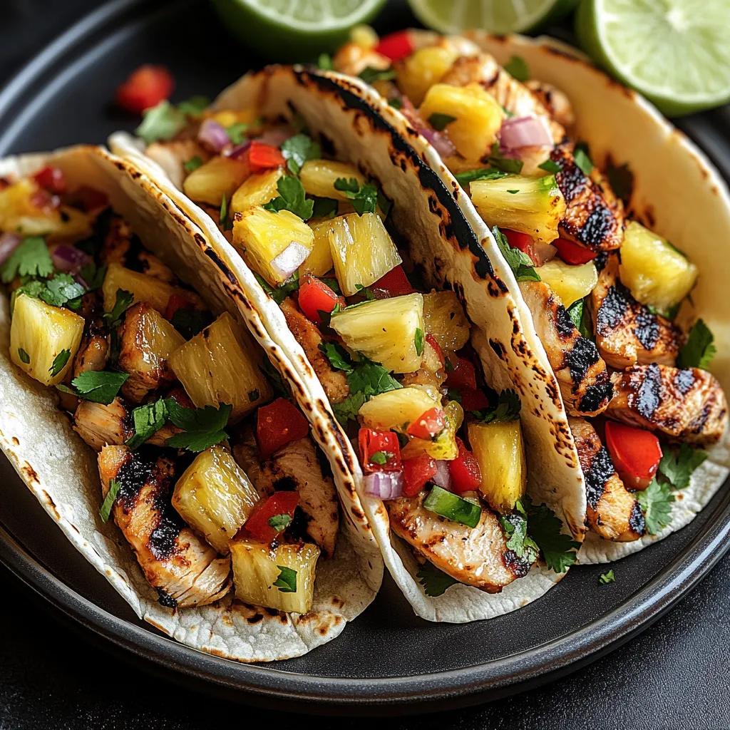 Two tacos with pineapple and red peppers.