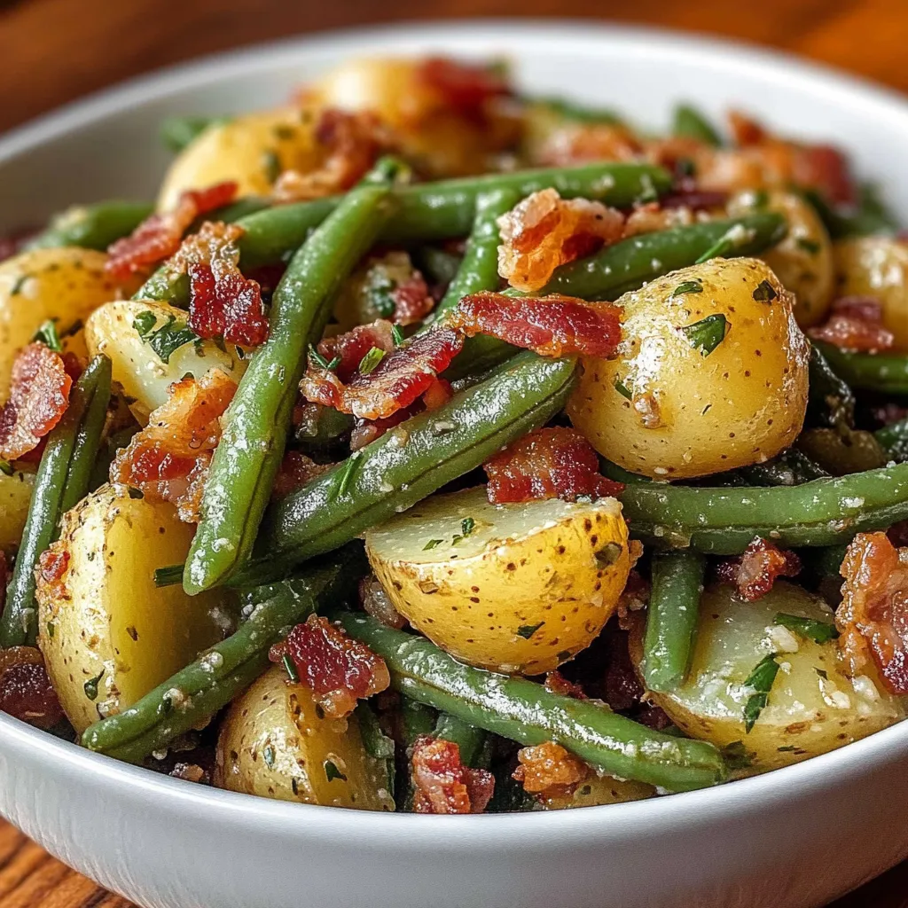 A bowl of food with green beans and bacon.