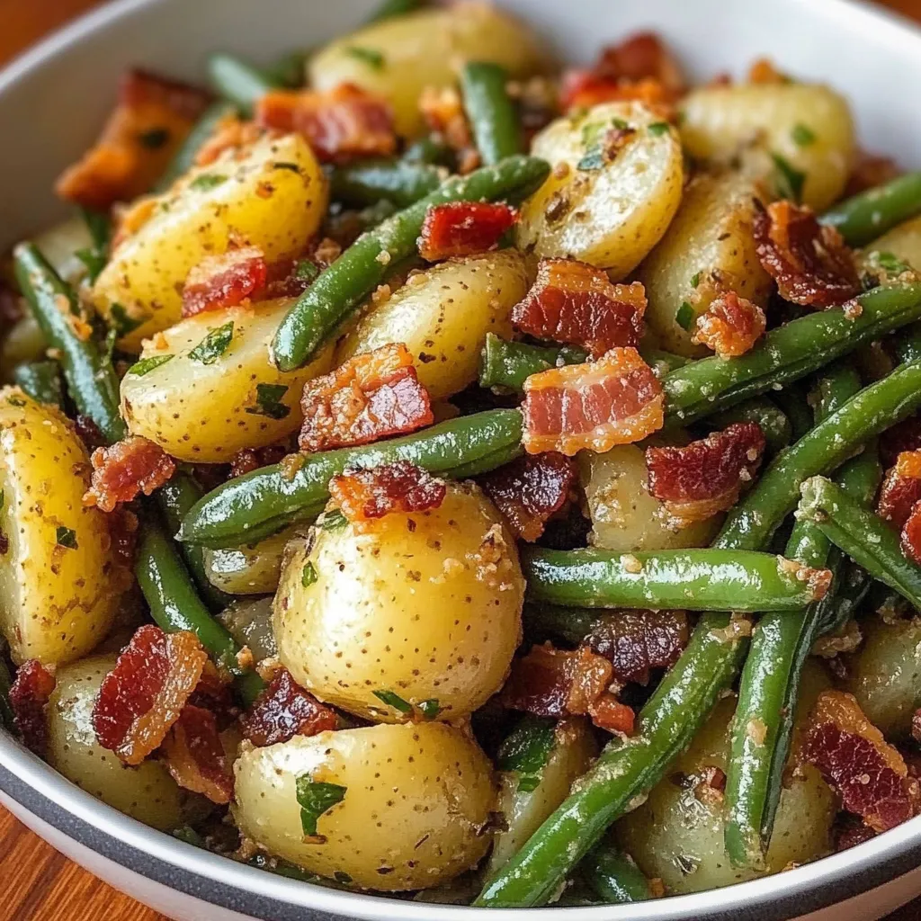 A bowl of bacon and green beans.