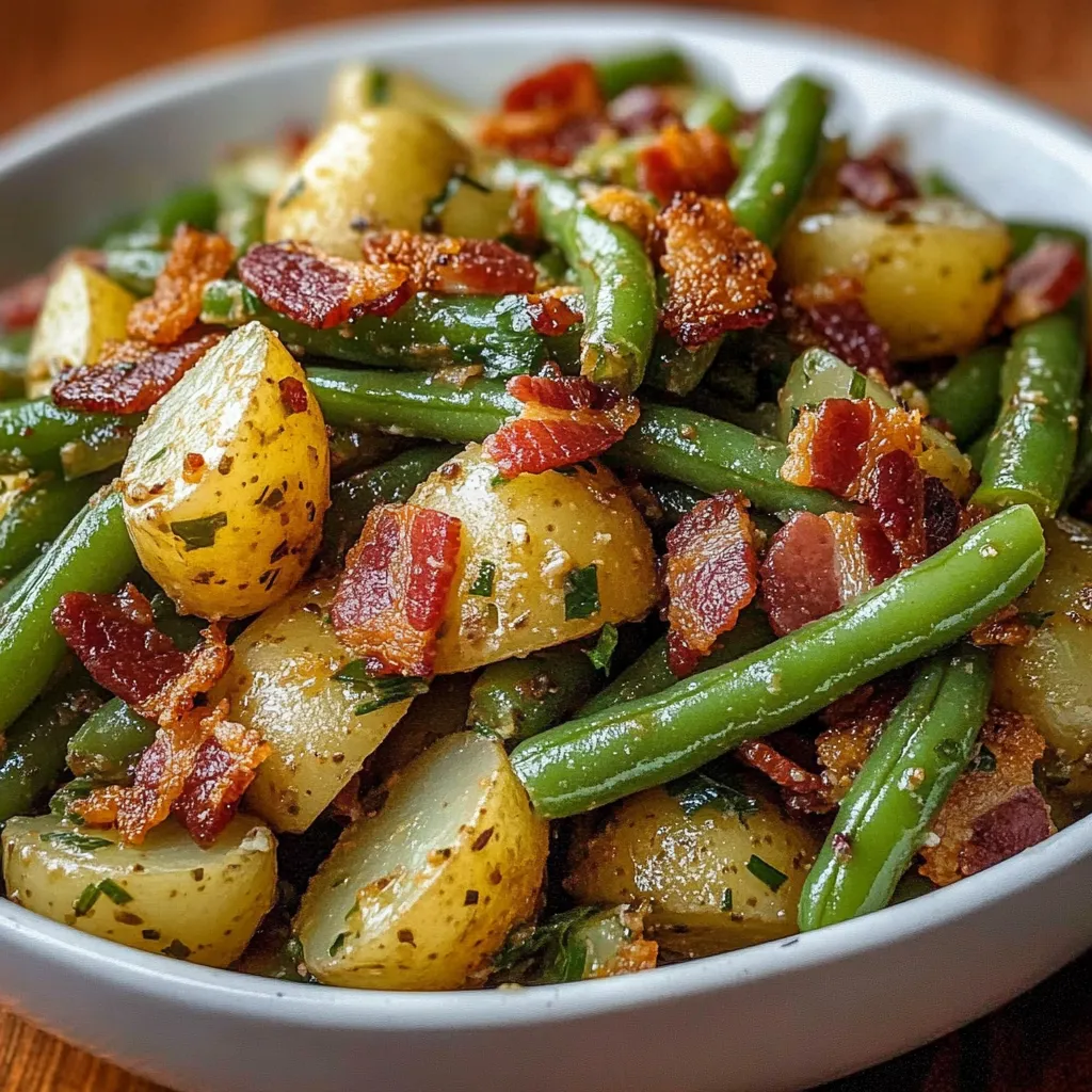 A white bowl filled with bacon, green beans, and potatoes.