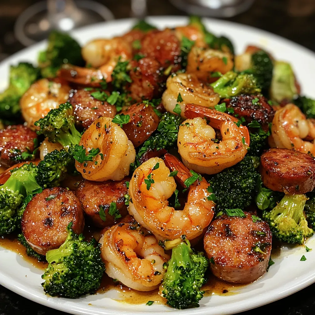 A plate of shrimp and broccoli.