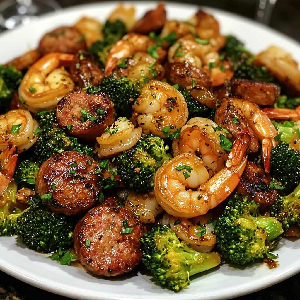 A plate of food with shrimp, sausage, and broccoli.