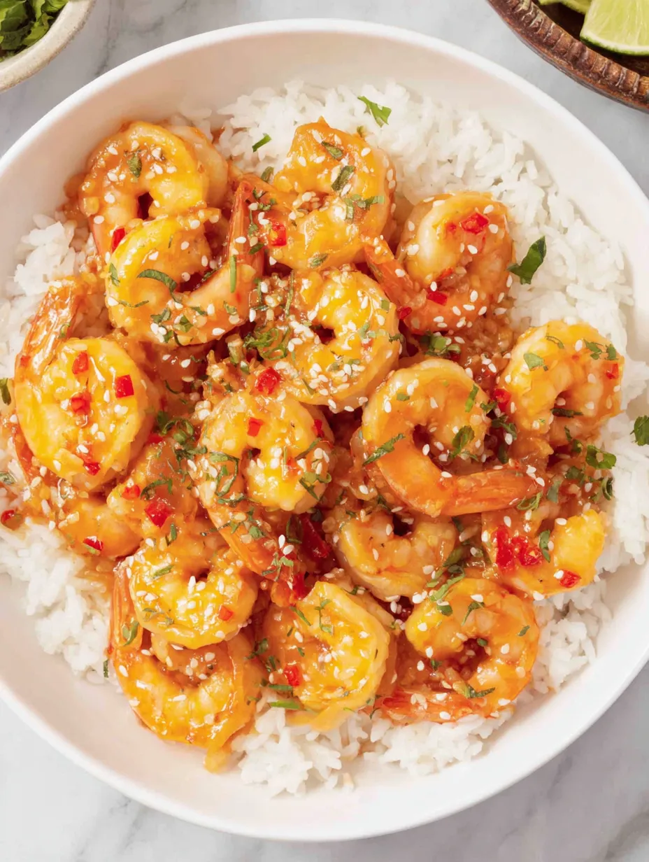 A bowl of shrimp with rice and spices.