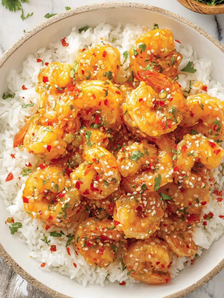 A bowl of shrimp with a spicy sauce.