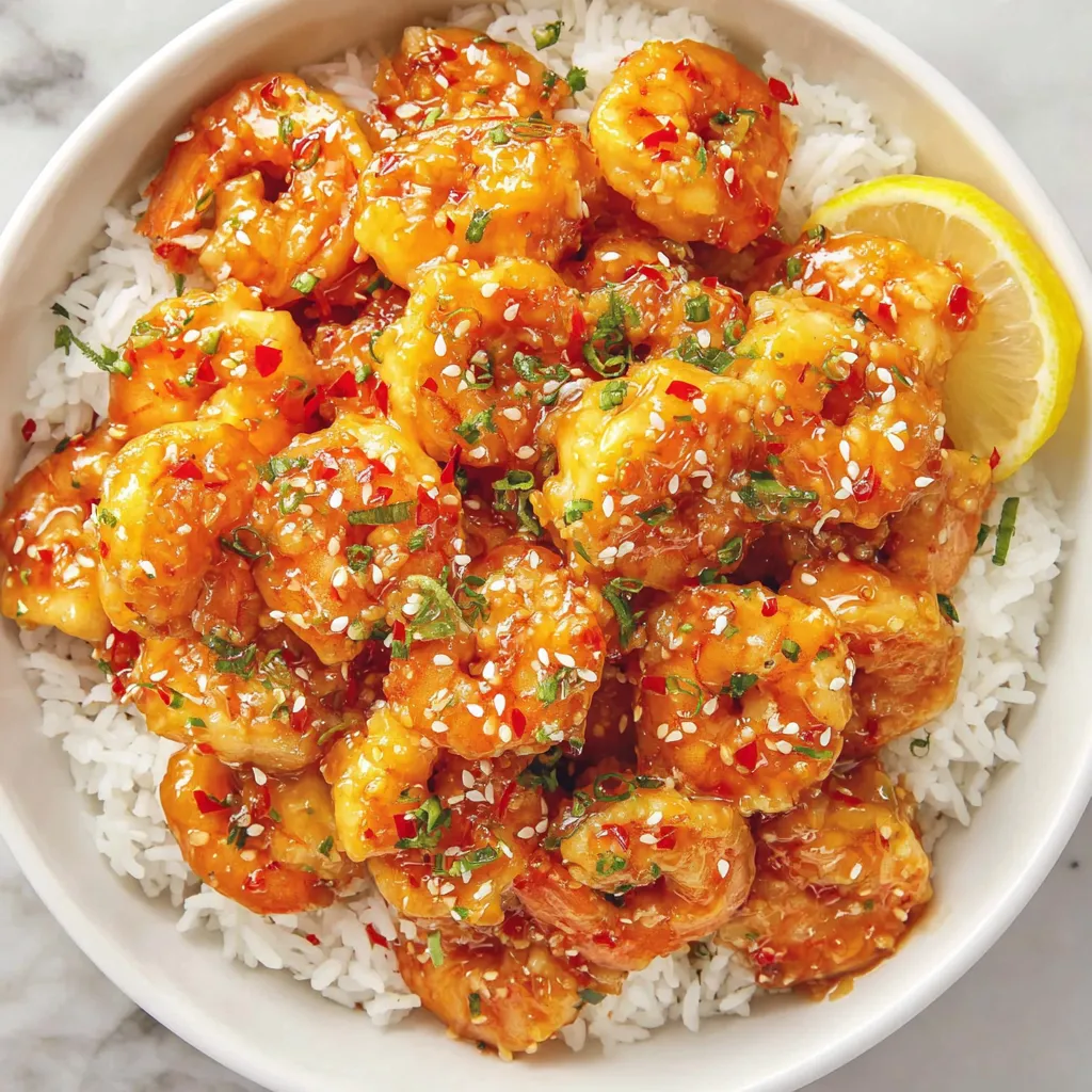A bowl of shrimp with a lemon wedge on top.