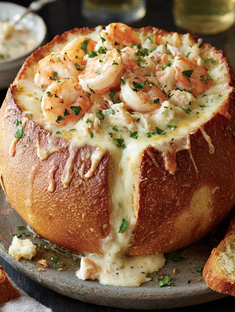 A stuffed seafood bread bowl with shrimp and cheese.