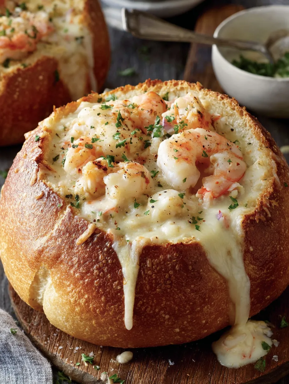 A stuffed seafood bread bowl with cheese and shrimp.