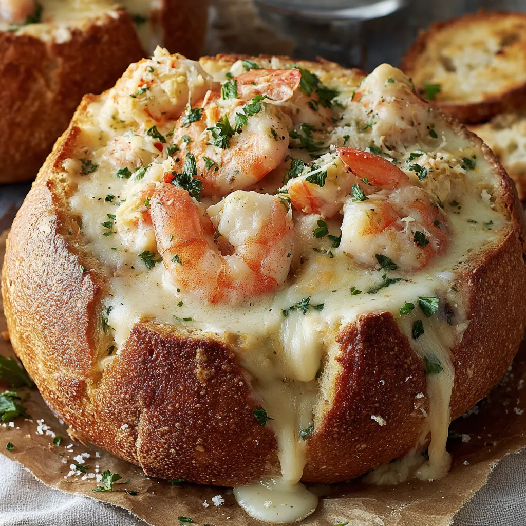 A stuffed seafood bread bowl with shrimp and cheese.