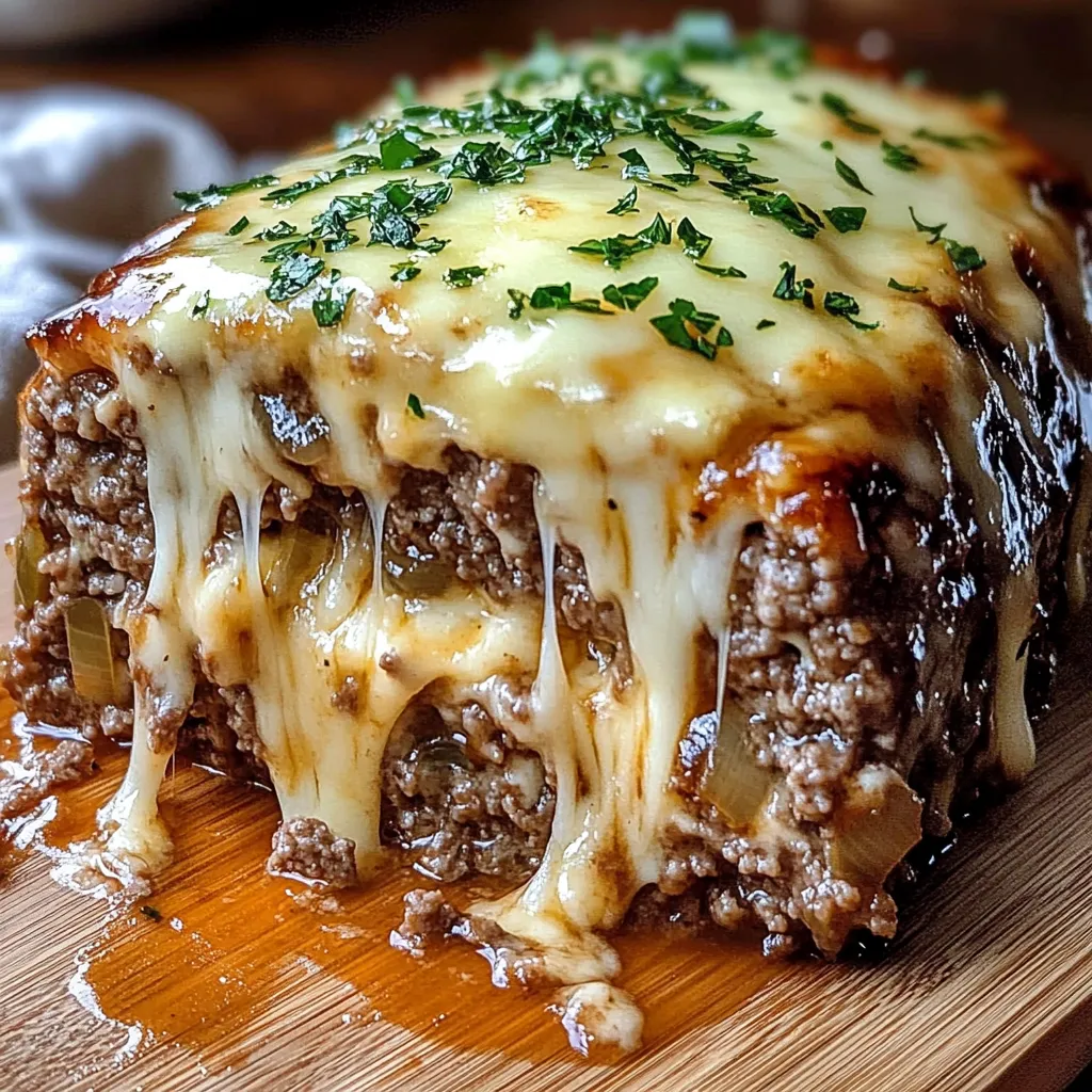 A slice of meat with cheese on a wooden cutting board.