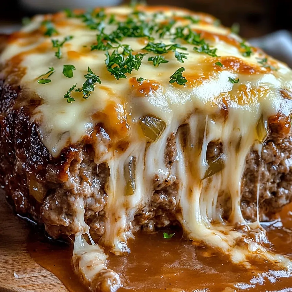 A cheesy meat dish on a wooden platter.