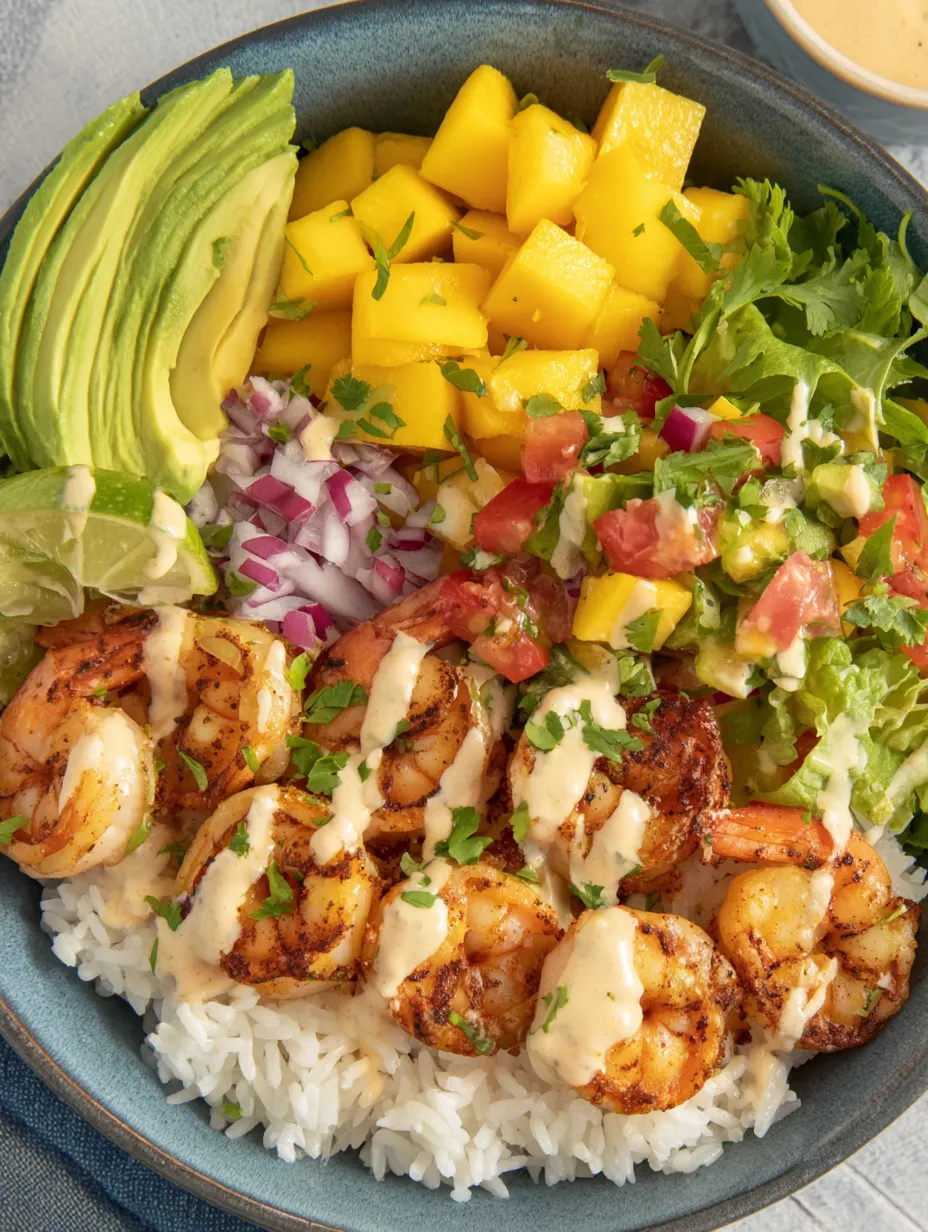 A bowl of shrimp and avocado with mango salsa and lime chili sauce.