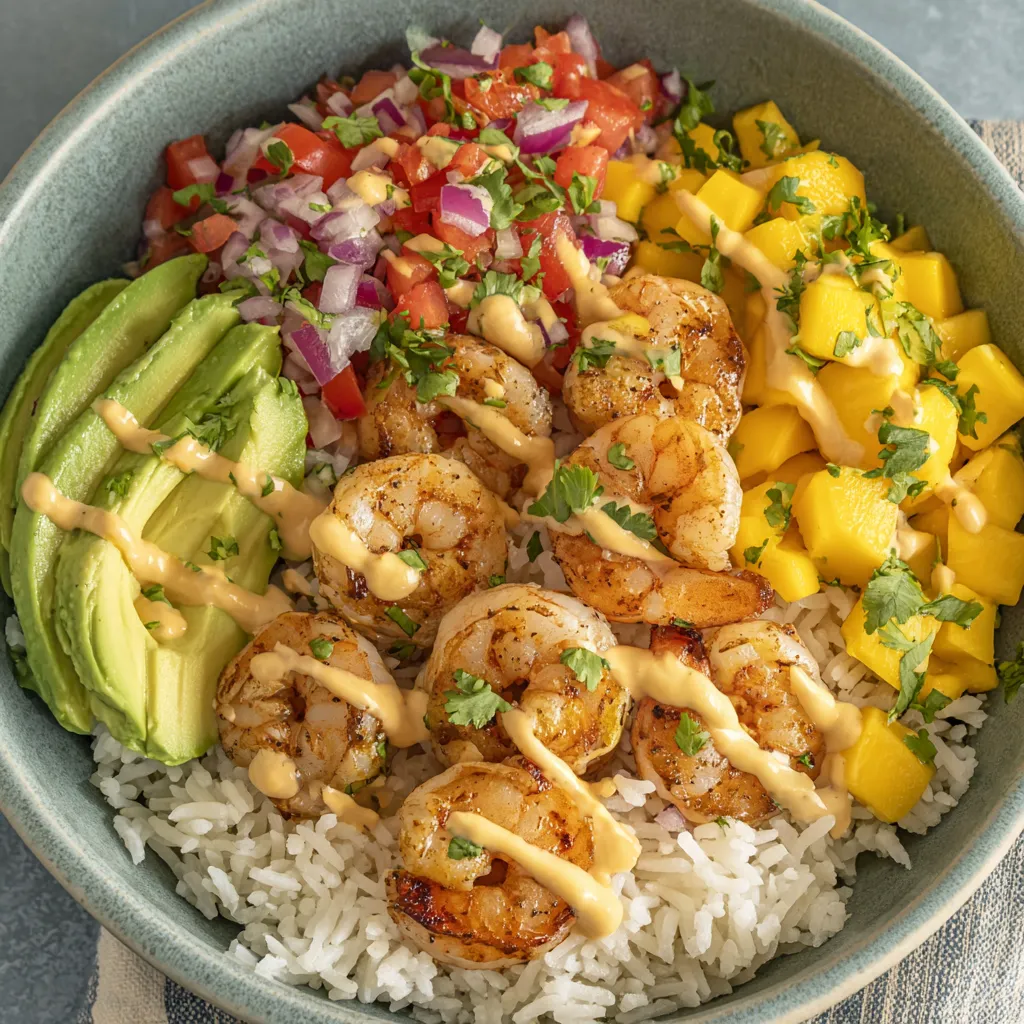 A bowl of shrimp and avocado with mango salsa and lime-chili sauce.