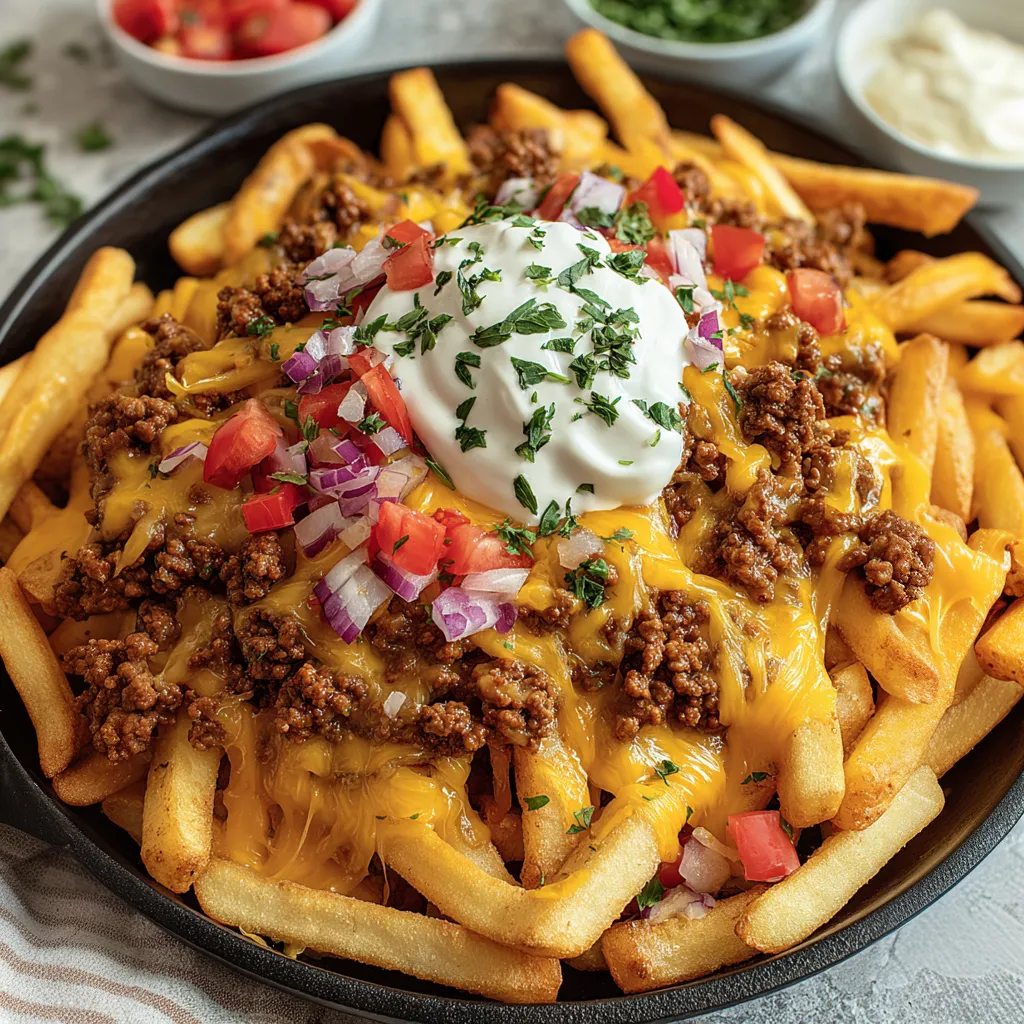 A plate of loaded cheese fries.