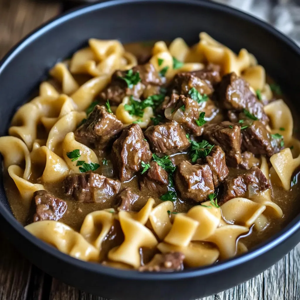 A bowl of pasta with meat and vegetables.