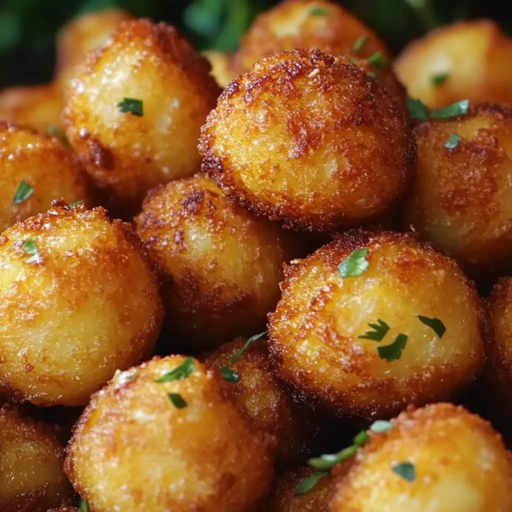 A pile of fried potatoes with green herbs on top.
