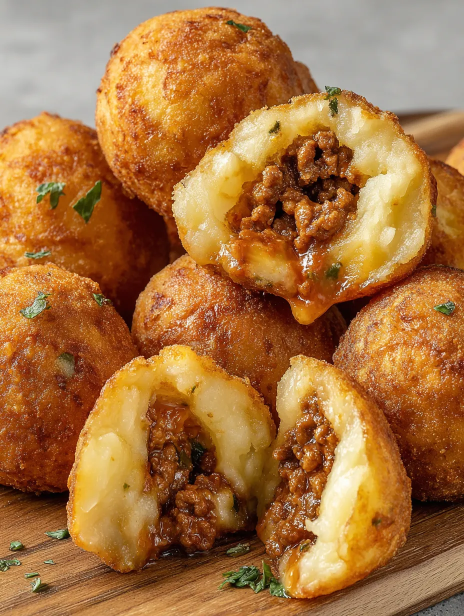 Crispy Papas Rellenas (Potato-Stuffed Croquettes) on a wooden table.