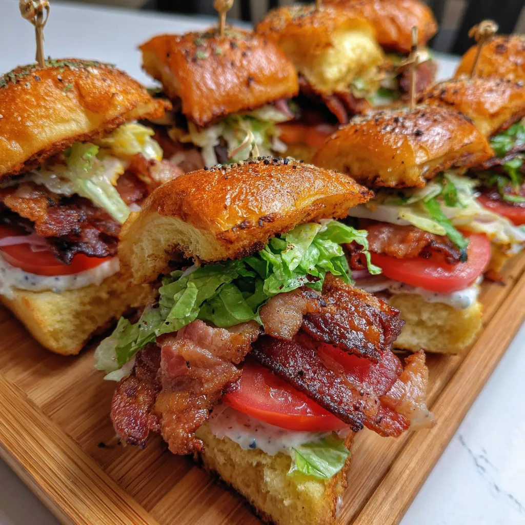 Bacon BLT sliders on a wooden tray.