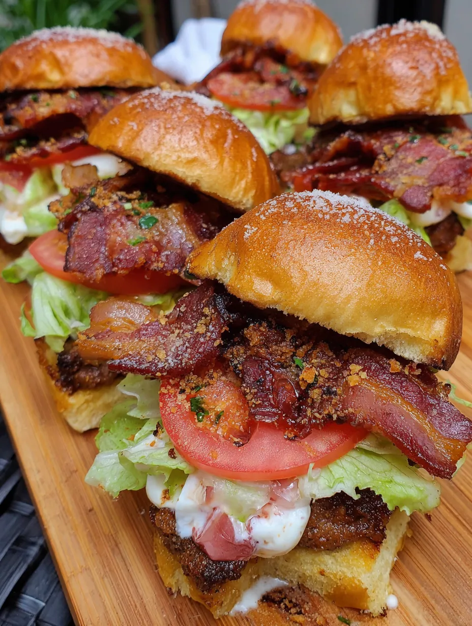 Bacon BLT sliders on a wooden tray.