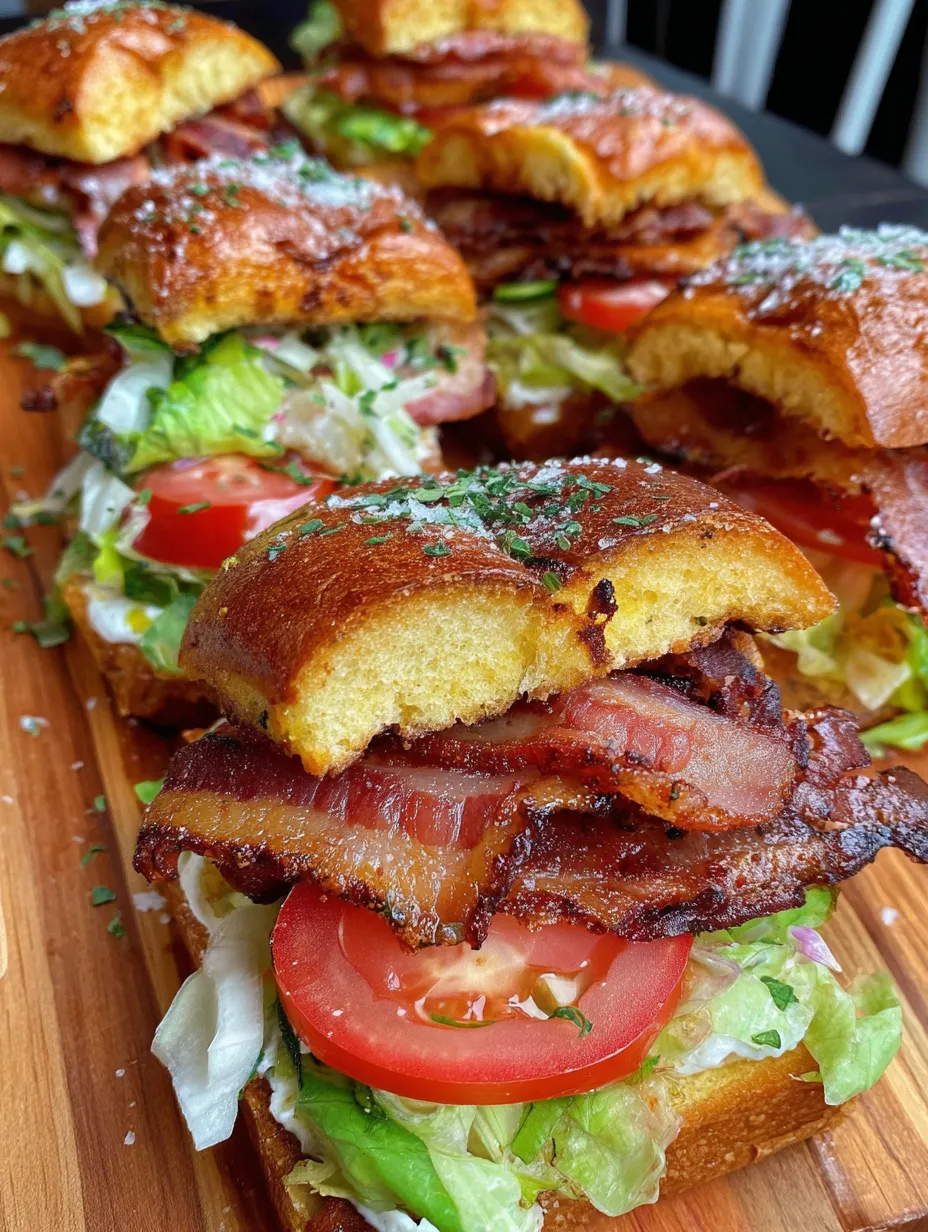 Bacon BLT sliders on a wooden platter.