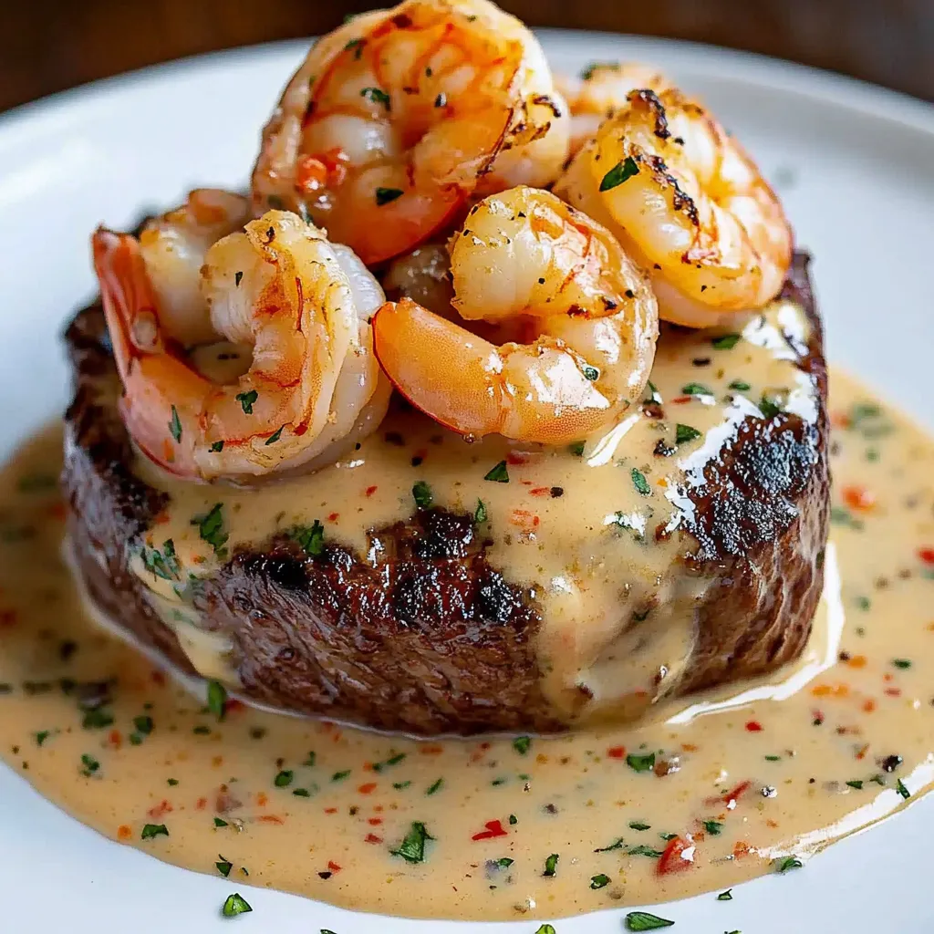A plate of shrimp and steak with a cream sauce.