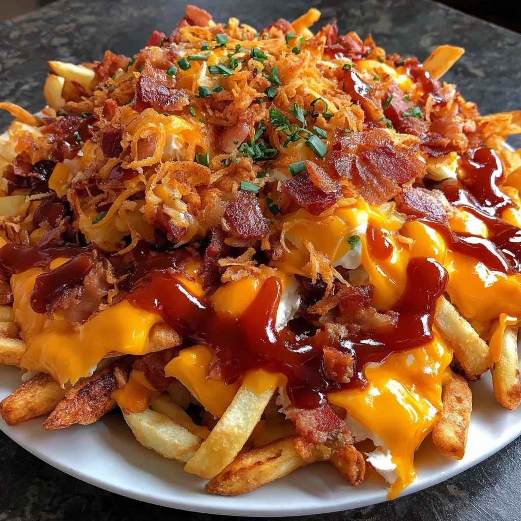 A plate of BBQ Bacon Cheese Fry Mountain.