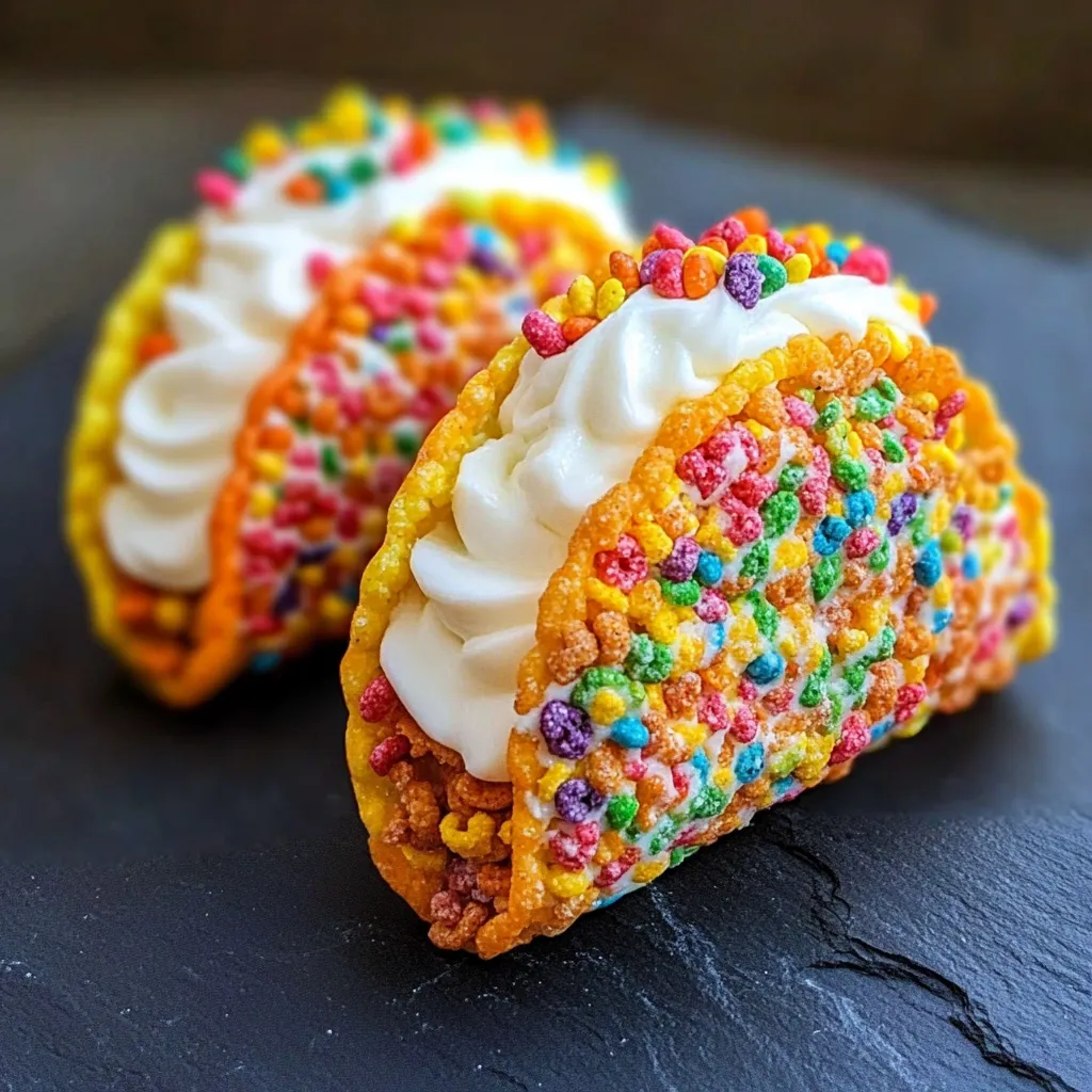 Two colorful tacos with white whipped cream.