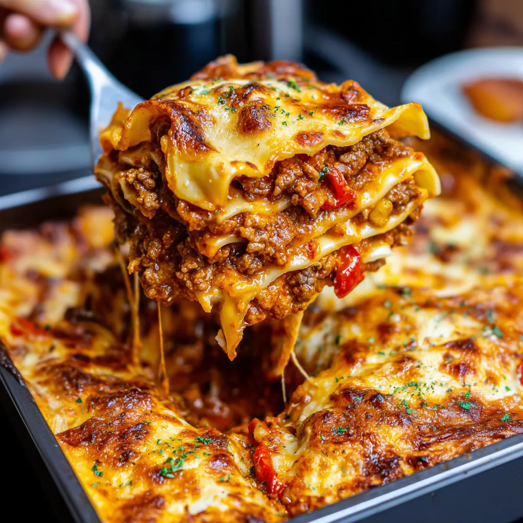 A close up of a delicious smoky roasted pepper lasagna.