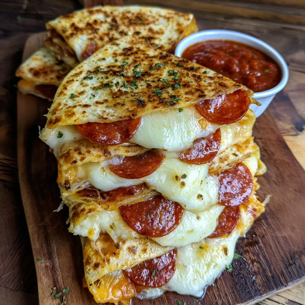 A stack of pepperoni pizza quesadillas.