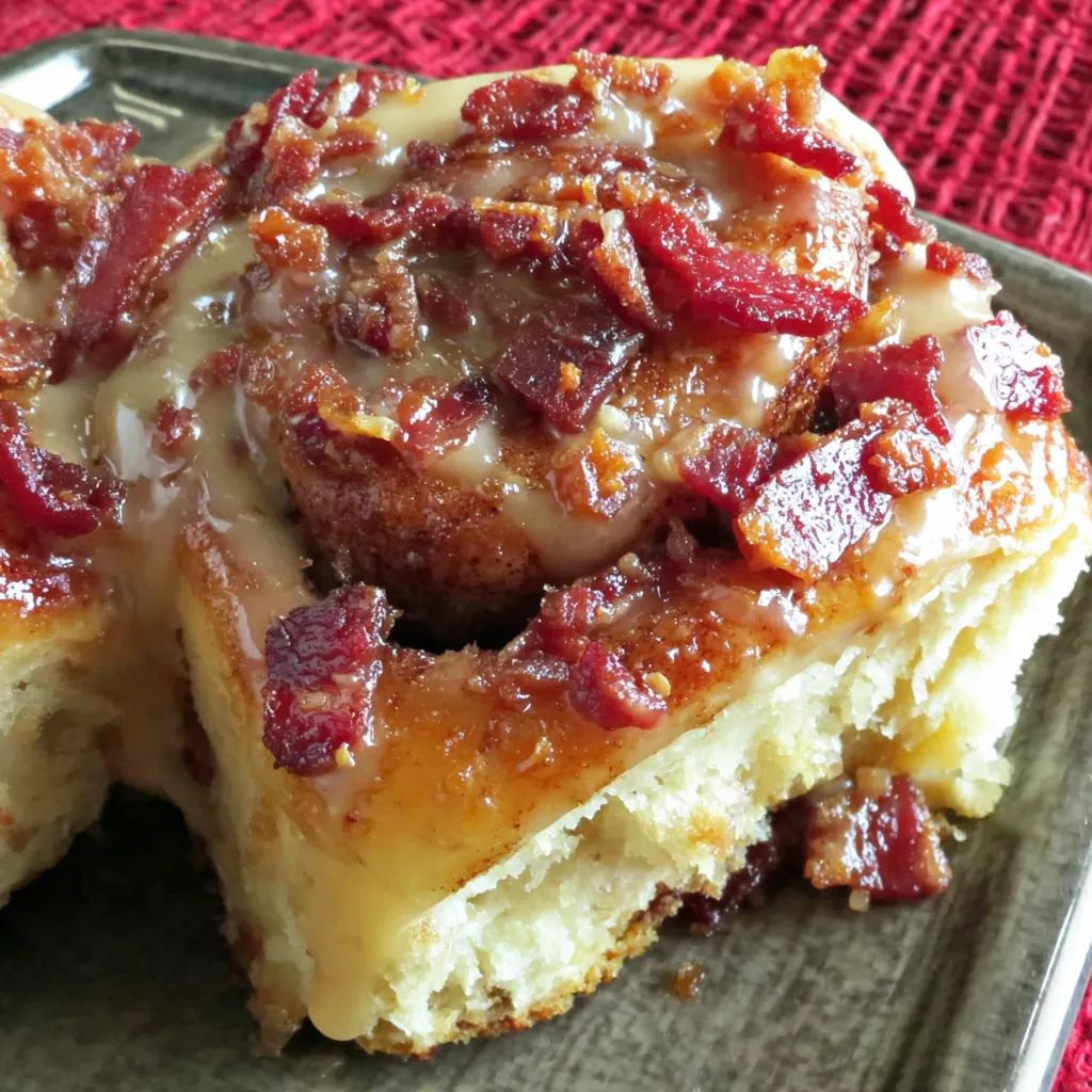 A plate with two pieces of bacon cinnamon rolls.