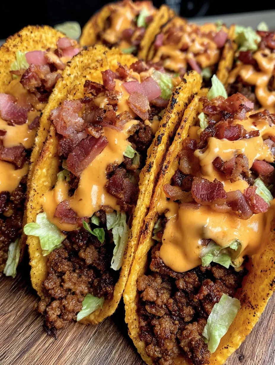 A close up of a loaded bacon cheeseburger taco.