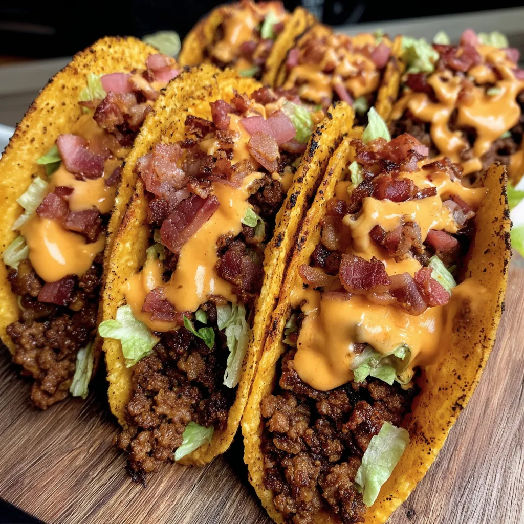 A plate of loaded bacon cheeseburger tacos.