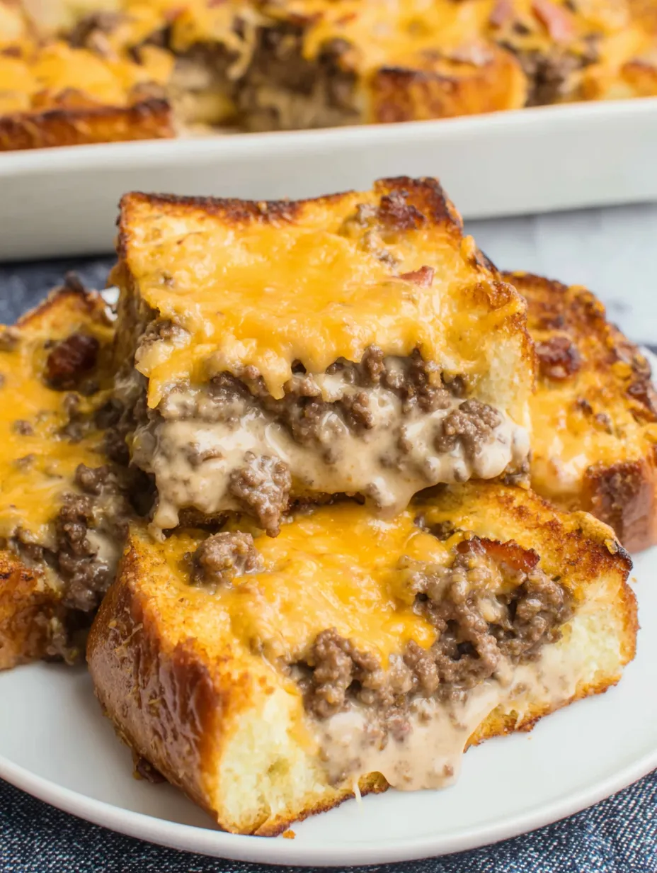 A slice of bacon cheeseburger grilled cheese casserole.