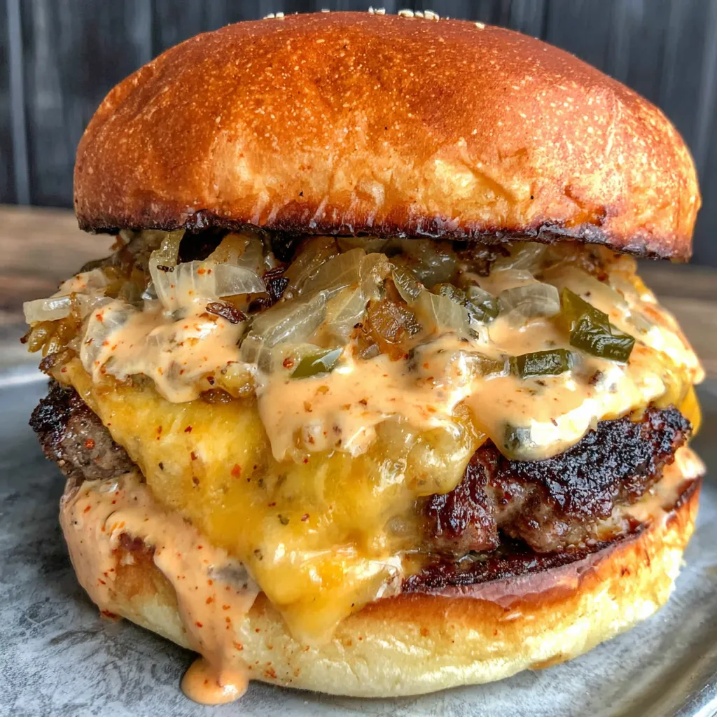 A smoked Cajun burger with cheese and onions.