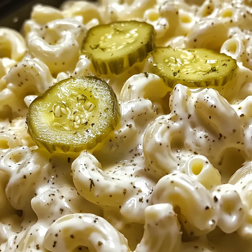A plate of macaroni and cheese with pickles on top.