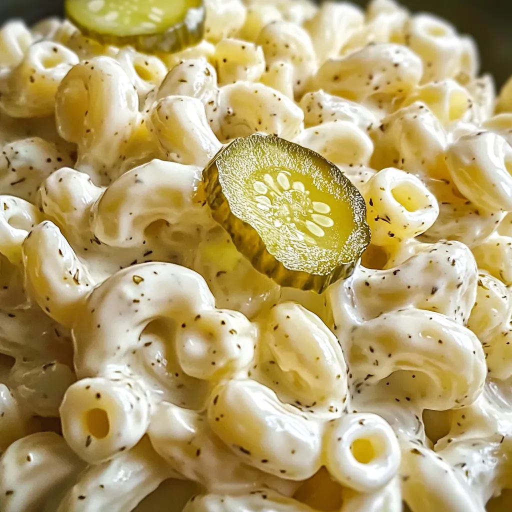 A bowl of macaroni and cheese with a pickle on top.