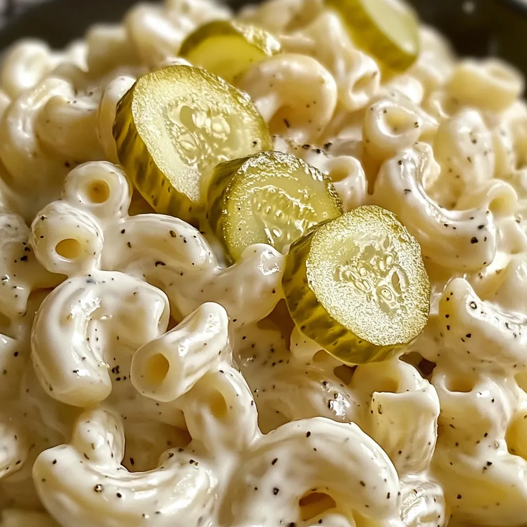 A bowl of macaroni and cheese with pickle slices on top.