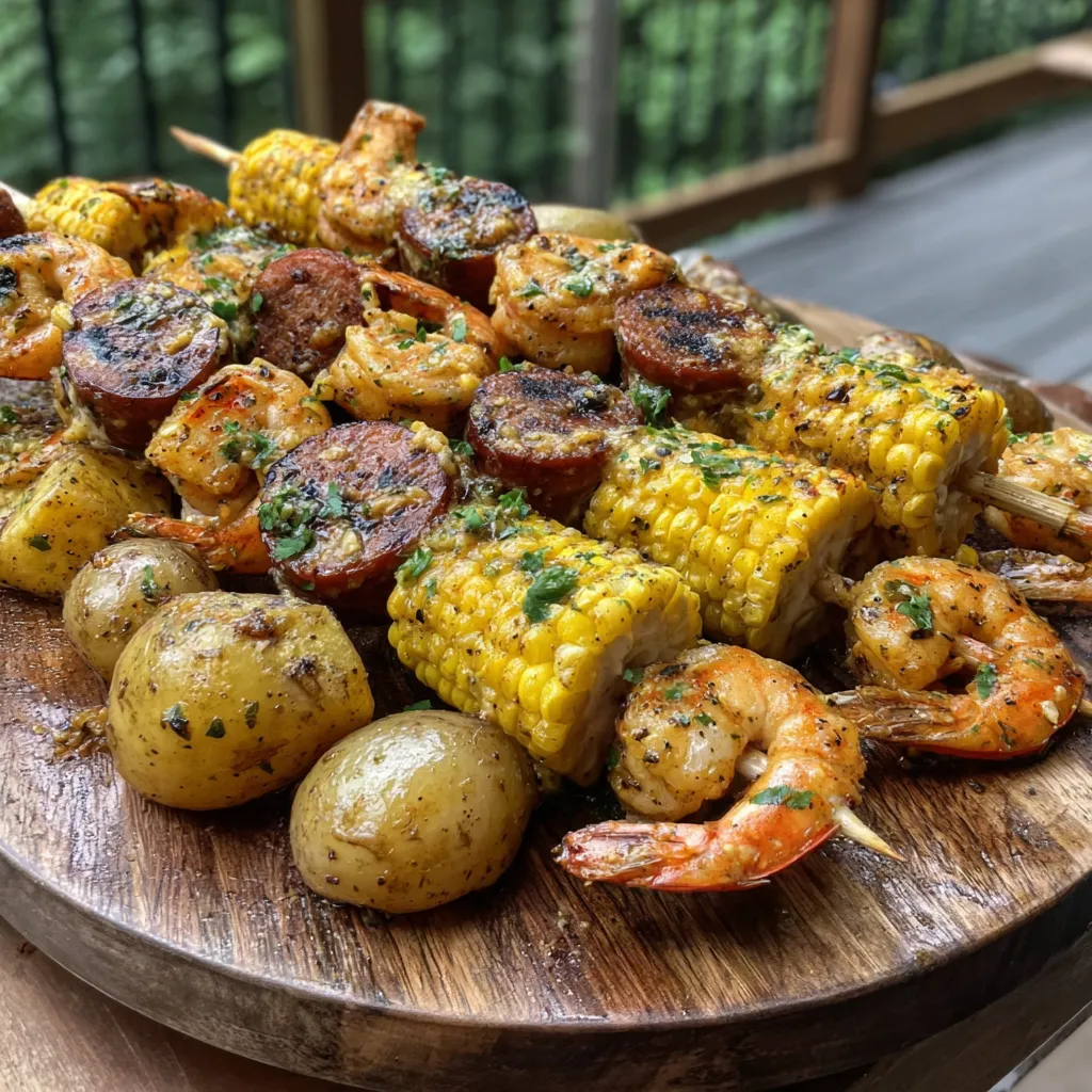 A wooden platter with grilled seafood skewers and corn.