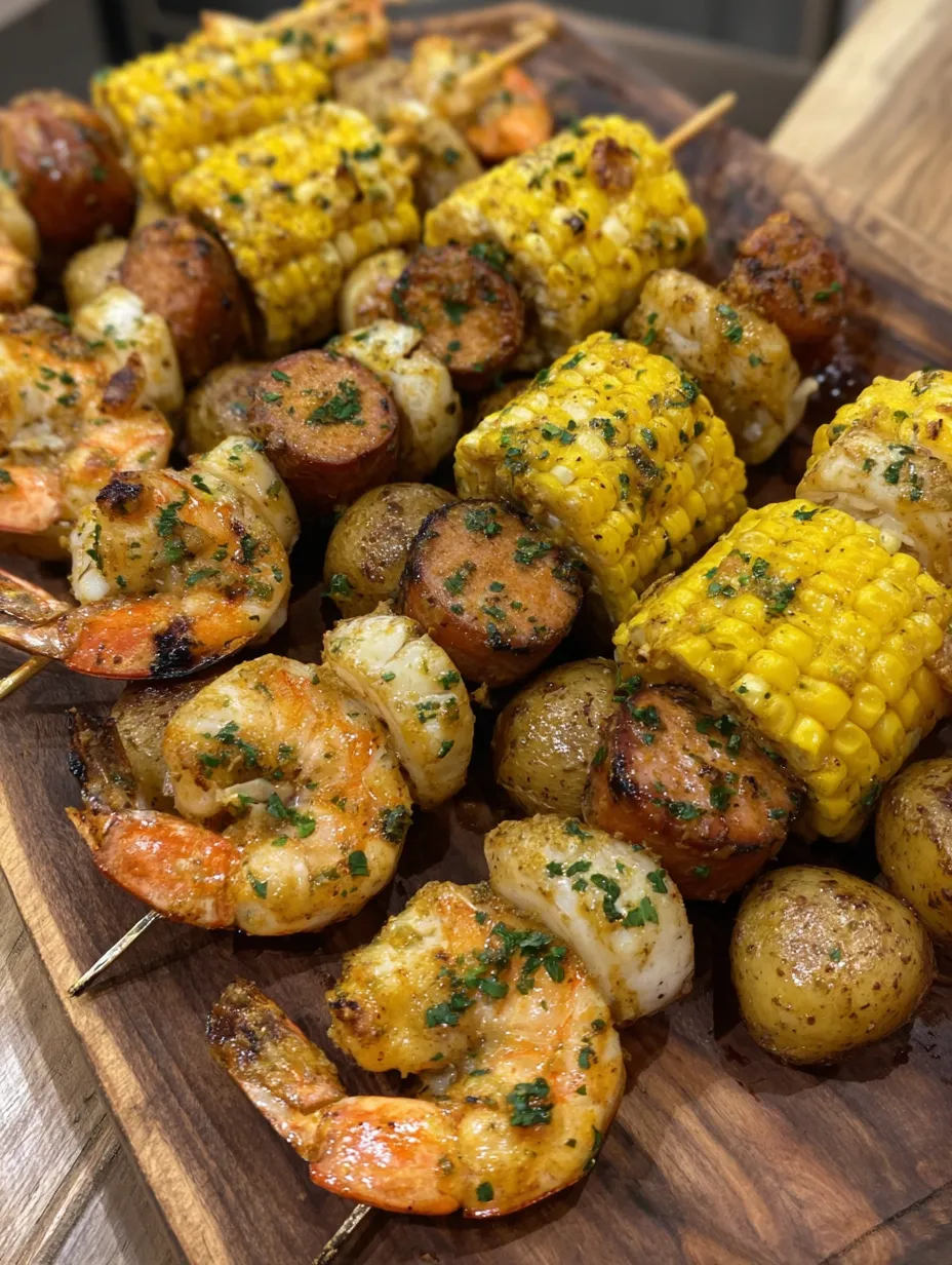 Grilled seafood boil skewers with crab boil garlic butter.