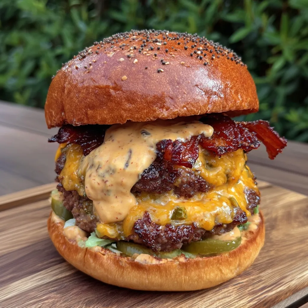 A burger with bacon and jalapenos.