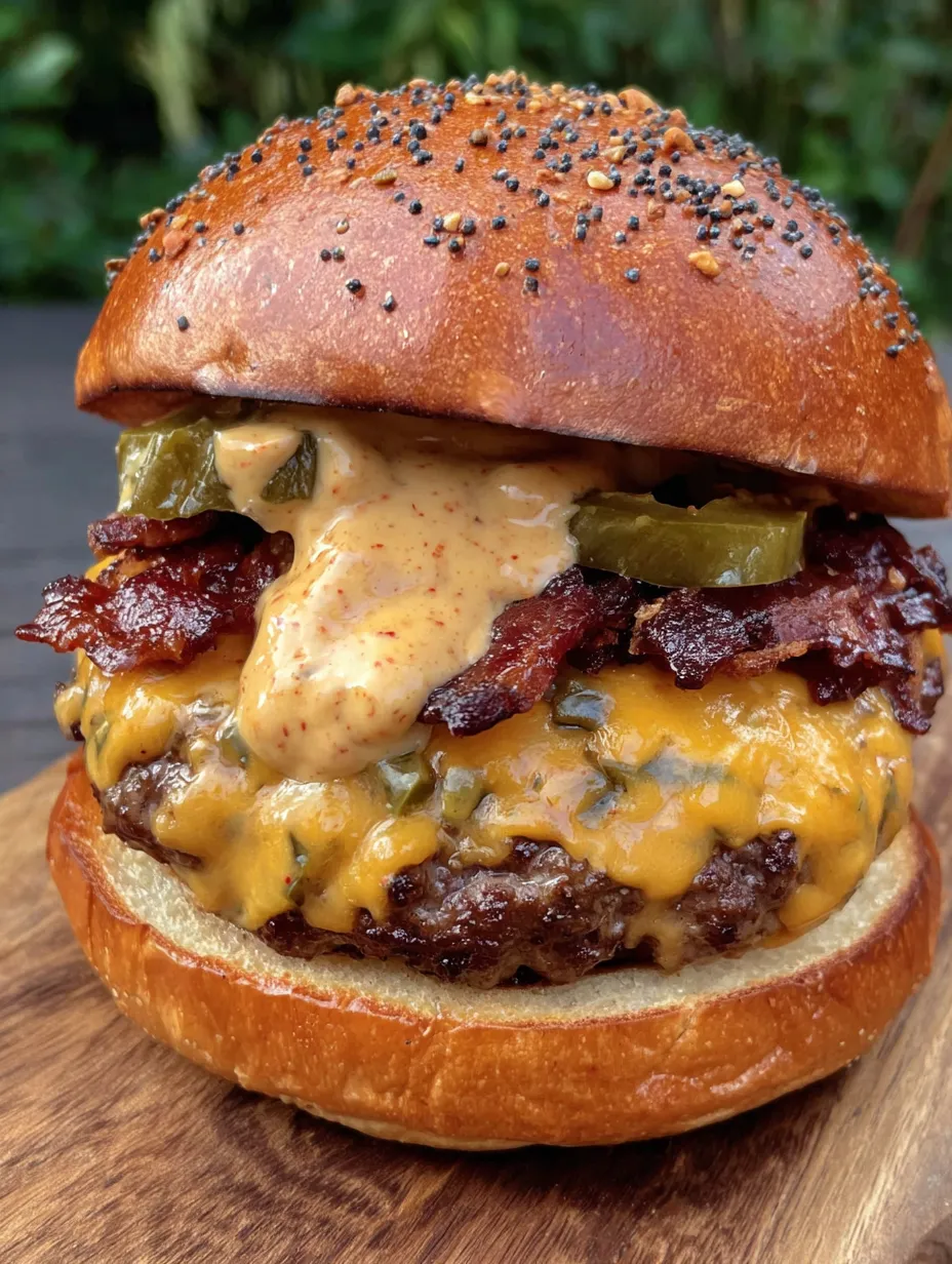 A burger with bacon and jalapenos.