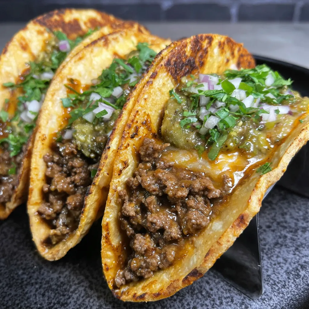 Three beef tacos on a plate.