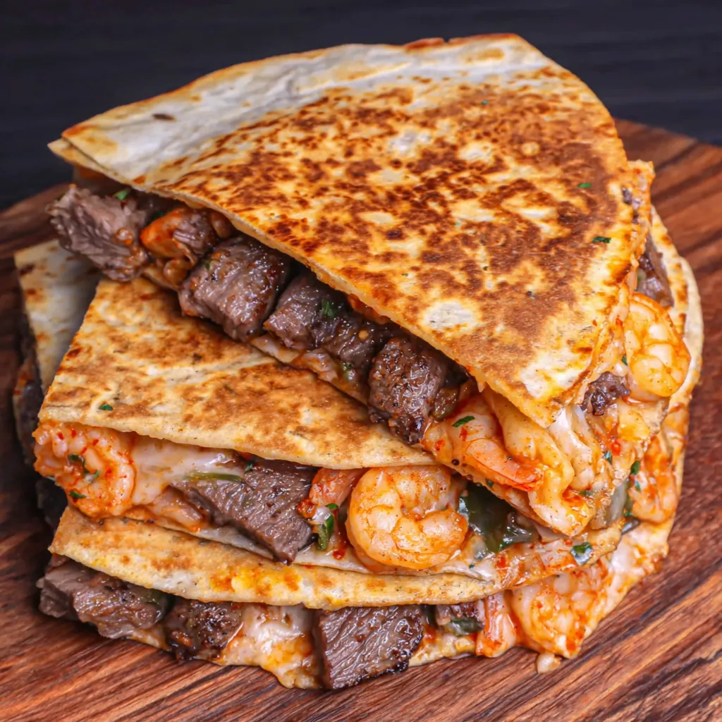 A stack of Creole Steak and Shrimp Quesadillas.