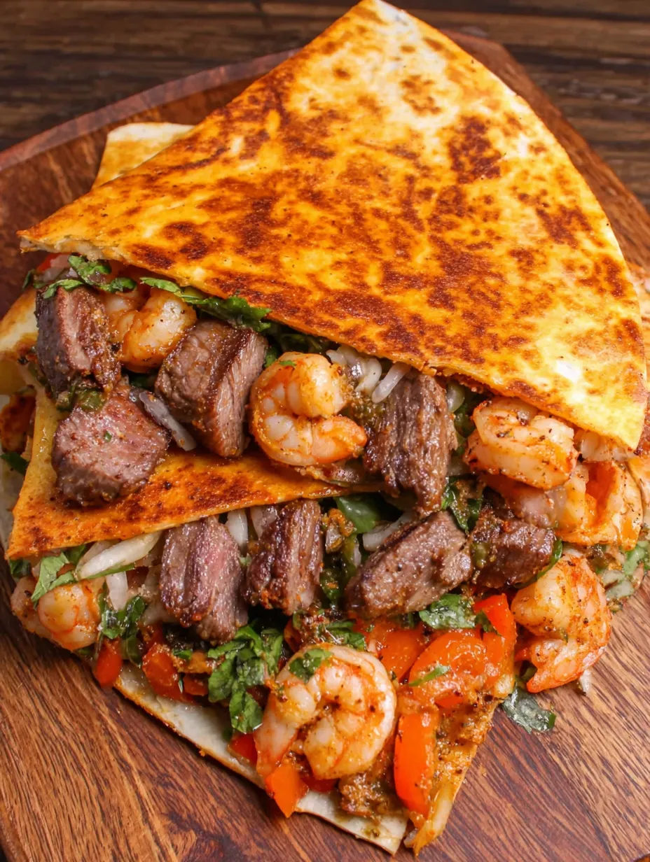 A quesadilla with shrimp and steak.