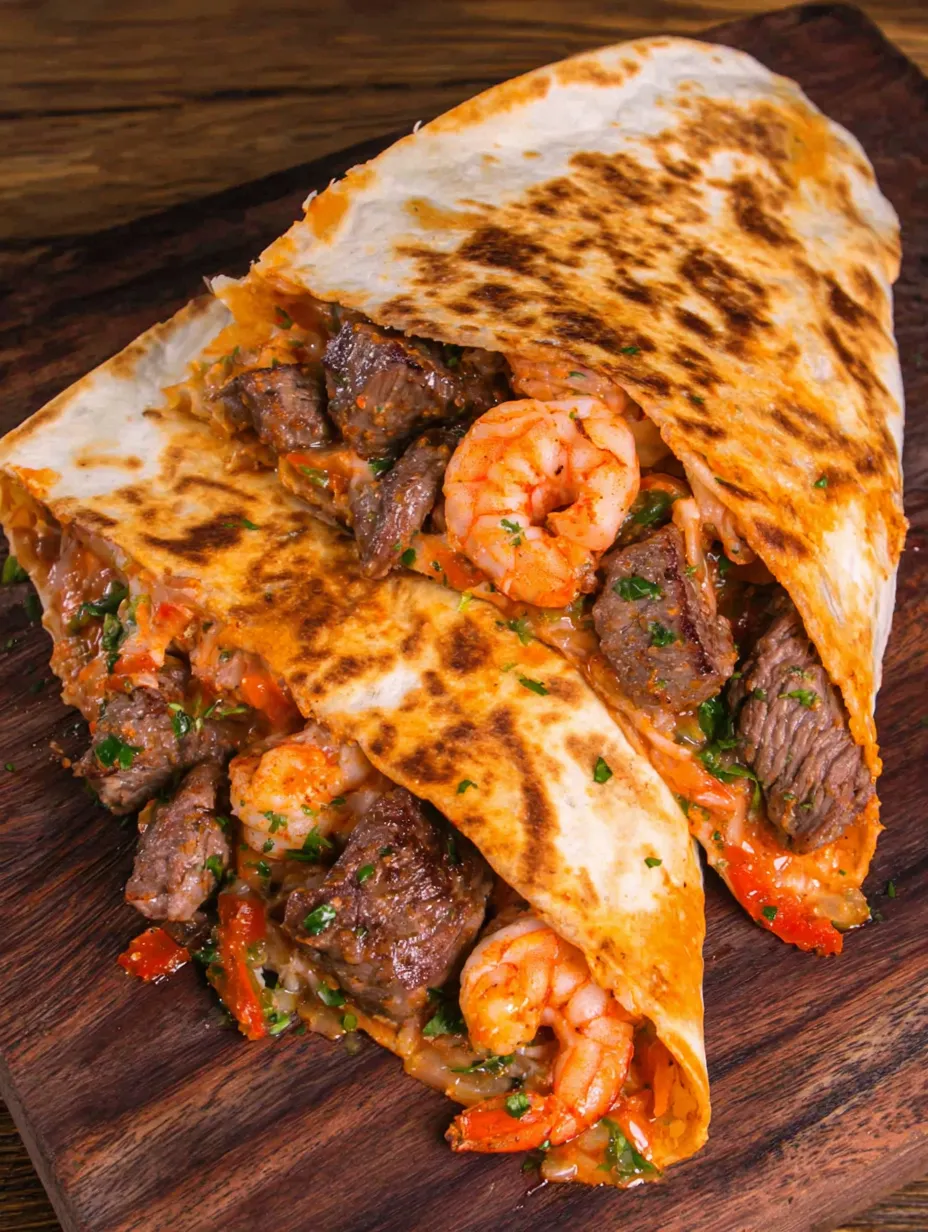 A quesadilla with shrimp and steak inside.